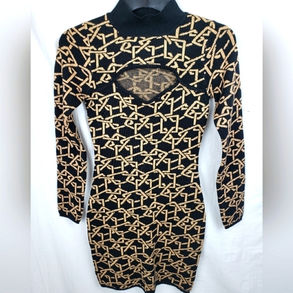 NWOT Jolie & Joy Black and Gold Sweater Dress With Peephole Sz S